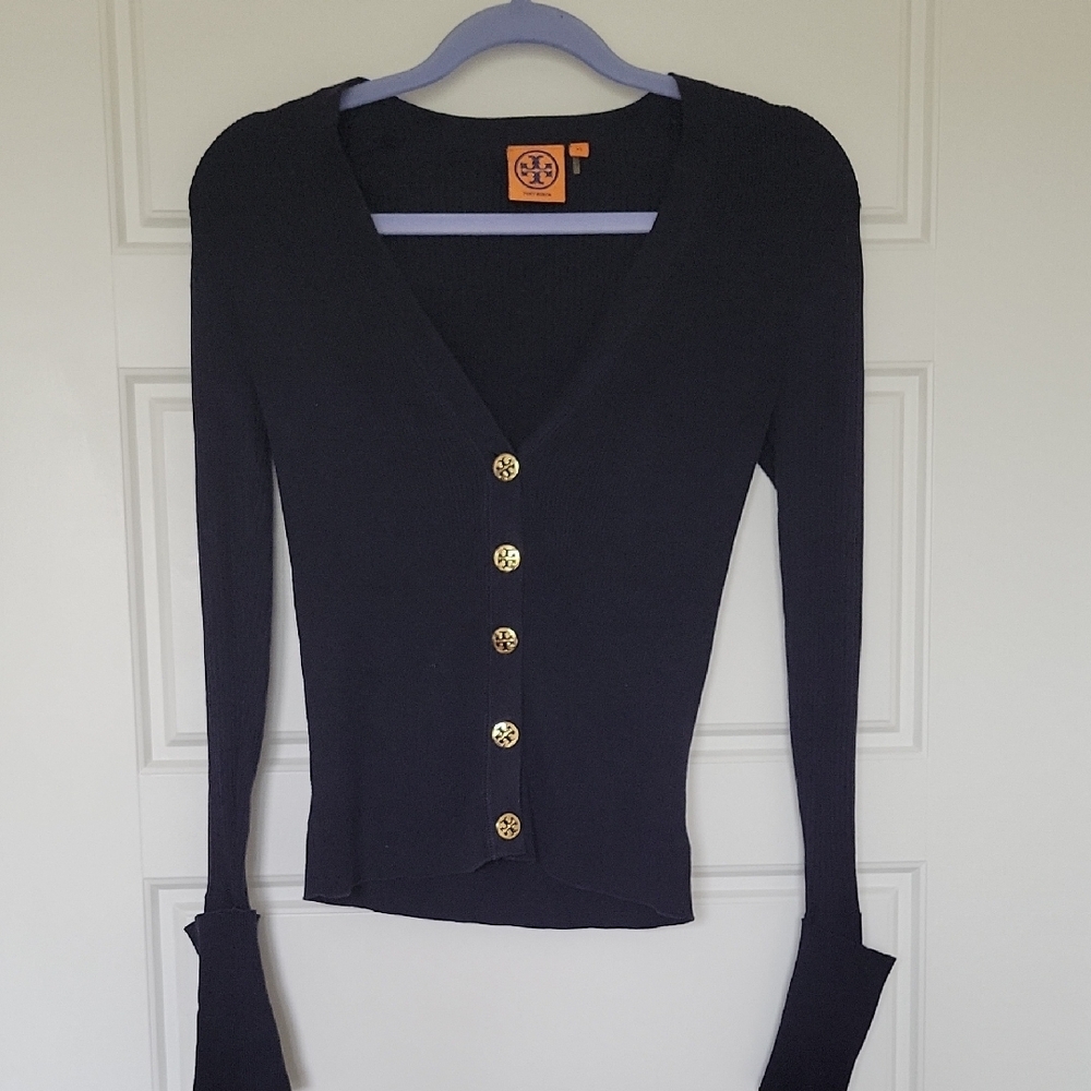 Tory Burch Blue Fitted Bell Sleeve Button Down Shirt